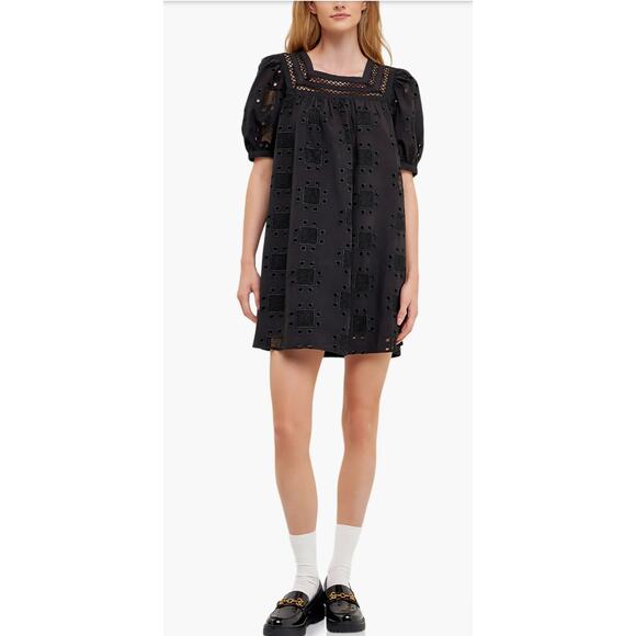 English Factory Embroidered Cotton Eyelet Shift Dress‎ In Black Size XS - Picture 1 of 12